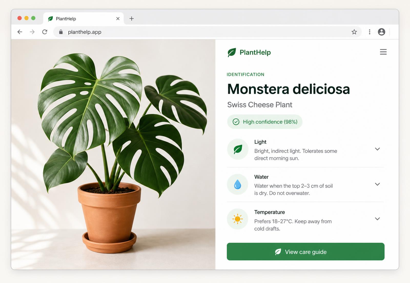 PlantHelp visat i ett webbläsarfönster med en identifierad monstera och skötselråd